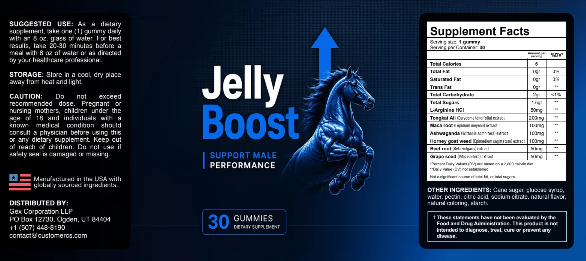 JellyBoost Supplement Facts label with directions and warnings