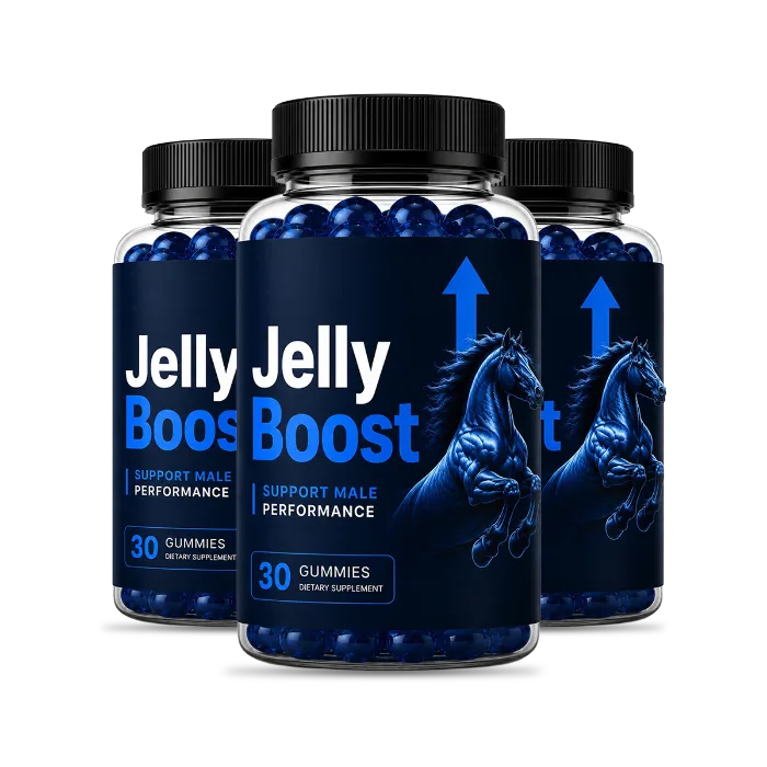 Three bottles of JellyBoost men's vitality gummies